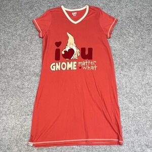 Lazy One I Gnome Matter What V-Neck Nightshirt Red Cotton Sleep Dress S/M